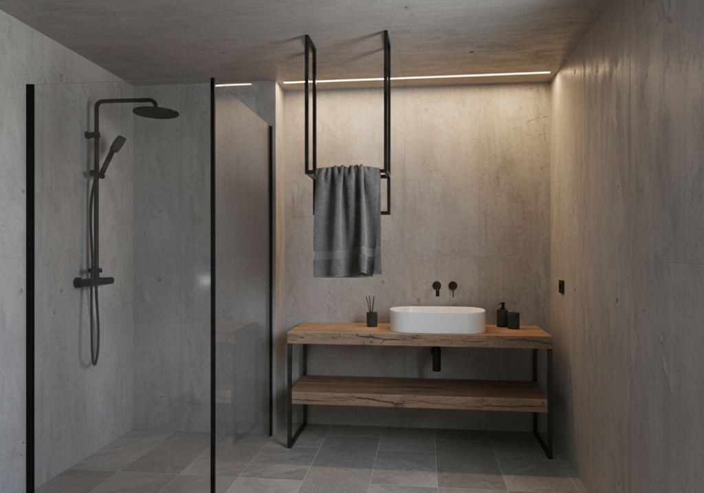 LoftDrop DUO 450 – sufitowy wieszak na ręczniki – LOW 220–230 – metalowy wieszak sufitowy na ręczniki loft