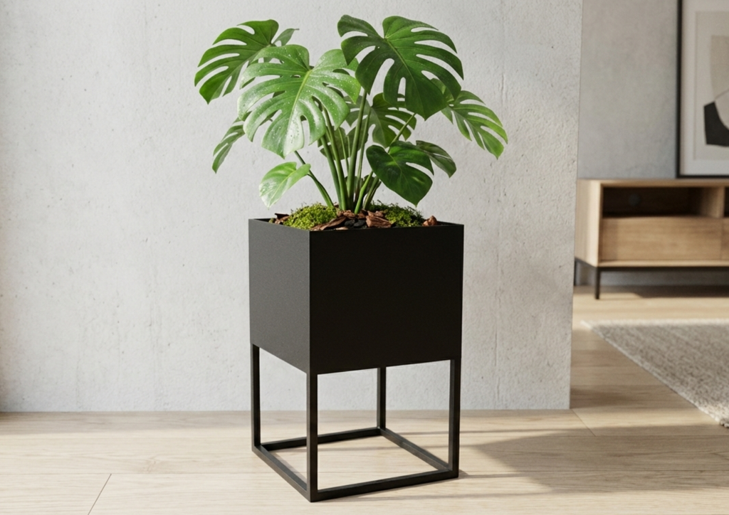 Kwietnik CUBE 40 – metalowy stojak z donicą (S/M/L) – metalowy kwietnik loft