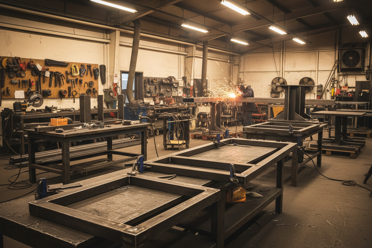 Zdjęcie warsztatu z konstrukcjami stalowymi w trakcie produkcji
Zbliżenie na spawane elementy metalowe
Różne rozmiary stelaży/nóg do stołów ułożone obok siebie (pokazujące różnorodność wymiarów)